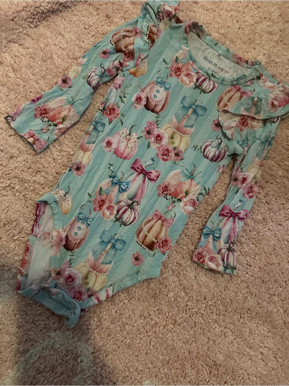 Posh Peanut Aqua Floral Pumpkin Ruffle Bodysuit